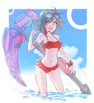  bikini black_hair blue_sky bracelet cloud commentary crescent_rose day frilled_bikini frilled_swimsuit frills heart heart-shaped_eyewear iesupa jewelry navel red_bikini ruby_rose rwby silver_eyes sky smile solo sparkle swimsuit transparent wading water 