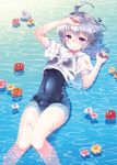  ahoge bare_legs expressionless flower grey_hair highres looking_at_viewer lying nia_(pop'n_music) on_back one-piece_swimsuit partially_submerged pop'n_music purple_eyes sailor_collar school_swimsuit shirt short_hair shouni_(sato3) silver_hair solo swimsuit t-shirt water wet white_sailor_collar white_shirt 