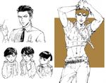  abs backpack bag belt bracelet brown_eyes child diamond_wa_kudakenai earrings giorno_giovanna headband higashikata_joushuu jacket jewelry jojo_no_kimyou_na_bouken jojolion kishibe_rohan male_focus midriff monochrome multiple_boys navel_piercing necklace necktie pen piercing pose seyo spot_color star vento_aureo younger 