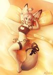  5_fingers anthro barefoot bed breasts canine clothed clothing digitigrade female fennec fox licking licking_lips lingerie looking_at_viewer lying magenta7 mammal midriff on_back open_mouth piercing pink_nose smile solo teeth tongue tongue_out 