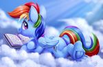 2017 blue_fur book butt clod cloud cutie_mark dock equine feathered_wings feathers female feral friendship_is_magic fur hair hi_res hooves mammal multicolored_hair multicolored_tail my_little_pony on_cloud outside pegasus rainbow_dash_(mlp) rainbow_hair rainbow_tail smile solo tsitra360 underhoof wings 