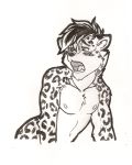 areola blush chest_tuft fangs feline fur hair heppcat leopard looking_back male mammal mars_(thequeenofmars) monochrome nude open_mouth simple_background snow_leopard spots spotted_fur teeth tongue traditional_media_(artwork) tuft white_background 