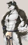  2017 abs anthro biceps canine clothed clothing fur headband hi_res horkeukamui loincloth male mammal multicolored_fur muscular muscular_male nipples pecs simple_background solo tach8 tokyo_afterschool_summoners white_fur wolf 