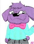  2017 anthro black_nose bow_tie bulldog canine clothed clothing dog duck_hunt_dog_(artist) fan_character fur granbull hair looking_at_viewer male mammal nintendo painting_(artwork) pants pok&eacute;mon purple_fur purple_hair shirt simple_background solo sweater timothy_granbull traditional_media_(artwork) video_games white_background 