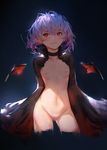  absurdres bat_wings black_background blue_hair choker closed_mouth flat_chest hair_between_eyes highres looking_at_viewer navel nipples no_hat no_headwear no_pussy open_clothes red_eyes remilia_scarlet short_hair sola7764 solo standing touhou wings 