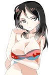  adjusting_hair bangs bikini black_hair blue_eyes breast_hold breasts cleavage collarbone girls_und_panzer large_breasts long_hair looking_at_viewer multicolored multicolored_bikini multicolored_clothes navel nonna simple_background solo standing sunameri_oishii swept_bangs swimsuit upper_body white_background 
