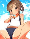  bare_arms bare_legs bare_shoulders brown_eyes brown_hair i-401_(kantai_collection) ichihaya kantai_collection one-piece_swimsuit orange_sailor_collar ponytail sailor_collar sailor_shirt school_swimsuit shirt short_hair sleeveless smile solo swimsuit tan v 