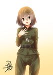  :o artist_name belt black_eyes blush breasts brown_hair commentary_request dog_tags eyebrows_visible_through_hair green_jacket green_pants hair_between_eyes hand_on_own_chest hayase_ruriko_(yua) jacket looking_at_viewer military military_uniform open_mouth original pants short_hair simple_background small_breasts solo uniform yua_(checkmate) 