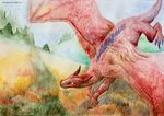  dragon field flying forest fuzzymaro scales traditional_media_(artwork) tree watercolor_(artwork) 