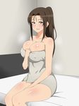  1girl :d arm bangs bare_arms bare_legs bare_shoulders bed between_legs blush breasts brown_hair cleavage collarbone erect_nipples female grey_towel highres huge_breasts indoors kagemusha legs long_hair looking_at_viewer naked_towel neck on_bed open_mouth original parted_bangs ponytail purple_eyes shiny shiny_skin sitting smile solo sweat thighs towel 