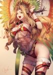  1girl :d blonde_hair cowboy_shot fate/grand_order fate_(series) feathers fur-trimmed_bikini_top green_eyes headdress kyouya_(mukuro238) long_hair looking_at_viewer low-tied_long_hair navel open_mouth quetzalcoatl_(fate/grand_order) quetzalcoatl_(samba_santa)_(fate) red_bikini_bottom ribbon signature smile solo star thigh_strap 