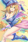  bare_shoulders biibii blonde_hair blue_footwear blush blush_stickers boots breasts choker cleavage dark_magician_girl duel_monster green_eyes hat highres large_breasts long_hair open_mouth pentacle smile solo staff wizard_hat yuu-gi-ou yuu-gi-ou_duel_monsters 