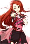  ;d bangs belt black_hairband blush breasts brown_hair cowboy_shot flower hair_flower hair_ornament hairband happy_birthday holding holding_microphone idolmaster idolmaster_(classic) long_hair looking_at_viewer microphone minase_iori nira_(vira) one_eye_closed open_mouth pink_belt pointing pointing_at_viewer red_eyes short_sleeves simple_background small_breasts smile solo studded_belt white_background wrist_cuffs 