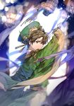  brown_eyes brown_hair cardcaptor_sakura earrings from_side green_hat hair_between_eyes hat holding holding_sword holding_weapon jewelry li_xiaolang looking_at_viewer male_focus signature solo sukja sword weapon 