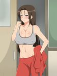  1girl annoyed bare_arms bare_shoulders blush breasts brown_hair cleavage door erect_nipples hand_on_hip highres indoors jacket kagemusha large_breasts legs long_hair looking_at_viewer midriff navel original parted_lips purple_eyes red_pants solo sports_bra standing thighs 