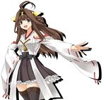  ;d ahoge boots breasts brown_hair commentary detached_sleeves double_bun eyebrows_visible_through_hair grey_eyes hand_on_hip headgear highres huge_ahoge japanese_clothes kantai_collection kongou_(kantai_collection) long_hair long_sleeves looking_at_viewer medium_breasts nontraditional_miko one_eye_closed open_mouth outstretched_arm rappa_(rappaya) shadow sidelocks skirt smile solo thigh_boots thighhighs white_background wide_sleeves zettai_ryouiki 
