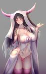  arm_behind_back bangs bare_shoulders black_hair blush breasts bursting_breasts cameltoe chest_tattoo cleavage collarbone cowboy_shot curvy detached_sleeves eyebrows_visible_through_hair facial_mark fate/grand_order fate_(series) fingernails forehead_mark glint gradient gradient_background grey_background groin hand_up head_tilt highres horns large_breasts legs_together light_particles light_smile long_fingernails long_hair looking_at_viewer micro_panties navel_piercing nikuku_(kazedesune) panties parted_bangs parted_lips piercing pink_legwear pink_panties pink_ribbon revealing_clothes revision ribbon see-through sesshouin_kiara sideboob sidelocks skindentation smile solo spaghetti_strap standing string_panties tattoo thigh_gap thighhighs thighs underwear veil very_long_hair wavy_hair wide_hips wide_sleeves yellow_eyes 