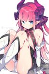  bare_shoulders black_skirt blue_eyes elizabeth_bathory_(fate) elizabeth_bathory_(fate)_(all) fang_out fate/extra fate/extra_ccc fate_(series) gloves horn_ribbon horns kanro_ame_(ameko) light_smile long_hair looking_at_viewer panties pantyshot pantyshot_(sitting) pink_hair pointy_ears purple_ribbon ribbon simple_background sitting skirt solo twitter_username underwear white_background white_gloves white_legwear white_panties 