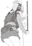  ayyh backpack bag commentary_request door explosive fanny_pack glasses grenade greyscale headphones highres load_bearing_vest low_ponytail military monochrome original panties ponytail school_uniform tape translated underwear upskirt 