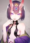  bare_shoulders breasts eyebrows_visible_through_hair eyelashes fangs fate/grand_order fate_(series) finger_to_mouth hair_ornament highres horns japanese_clothes kimono lips looking_at_viewer nilitsu oni oni_horns parted_lips purple_eyes purple_hair saliva short_hair shuten_douji_(fate/grand_order) small_breasts solo thick_eyebrows upper_body 