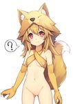  3.14 ? animal_ears animal_hat ass_visible_through_thighs bandeau bangs bare_shoulders blonde_hair blush bottomless breasts claws cleft_of_venus closed_mouth collarbone commentary_request cowboy_shot elbow_gloves eyebrows_visible_through_hair fox_ears fox_girl fox_hat fox_tail gloves hair_between_eyes halter_top halterneck hat light_smile long_hair looking_at_viewer moonlight_flower navel no_panties paws pussy ragnarok_online red_eyes simple_background small_breasts smile solo spoken_question_mark tail white_background yellow_gloves 