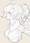  bodysuit breasts hair_tie high_ponytail highres lineart lips looking_away looking_up mechanical_halo mechanical_wings medium_breasts medium_hair mercy_(overwatch) milars multiple_monochrome nose overwatch parted_lips profile solo tan_background upper_body wings 