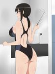  1girl ass back backboob bare_arms bare_legs bare_shoulders black_hair blush breasts cooking from_behind highres holding kagemusha kitchen ladle large_breasts legs long_hair looking_back original ponytail purple_eyes shiny shiny_skin smile standing steam swimsuit thighs 