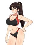  1girl armpits bare_arms bare_legs bare_shoulders black_hair blush breasts cleavage collarbone cowboy_shot earrings hand_on_hip highres kagemusha large_breasts legs long_hair long_ponytail looking_at_viewer midriff original parted_lips ponytail purple_eyes shiny shiny_skin simple_background smile solo sports_bra standing thighs white_background 