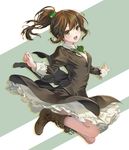  :d black_dress blush boots bow bowtie brown_eyes brown_footwear brown_hair dress floating_hair full_body hair_bobbles hair_bow hair_ornament jumping long_hair looking_at_viewer ne-on open_mouth original outstretched_arms ponytail red_bow red_neckwear smile solo 