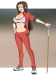  1girl breasts brown_hair cleavage feet full_body hand_on_hip highres jacket kagemusha large_breasts legs long_hair midriff navel necklace open_clothes open_mouth original pants purple_eyes red_jacket red_pants serious shinai simple_background sneakers solo sports_bra standing thighs wristwatch 
