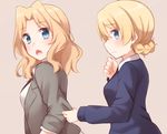  arm_grab bangs black_neckwear blazer blonde_hair blue_eyes blue_sweater blush braid closed_mouth commentary darjeeling dress_shirt eyebrows_visible_through_hair from_side girls_und_panzer grey_jacket hair_intakes highres jacket kapatarou kay_(girls_und_panzer) long_hair long_sleeves looking_at_another looking_back multiple_girls necktie open_mouth pink_background saunders_school_uniform school_uniform shirt short_hair simple_background sleeves_rolled_up st._gloriana's_school_uniform standing sweater tied_hair upper_body white_shirt yuri 