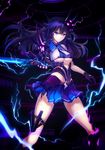  2016 absurdres benghuai_xueyuan black_gloves blue_eyes blue_hair blue_skirt braid breasts dated electricity floating_hair gloves hair_ornament highres holding holding_sword holding_weapon honkai_impact large_breasts long_hair looking_at_viewer luo_qingyu miniskirt pleated_skirt raiden_mei signature skirt sleeveless solo standing sword thigh_strap torn_clothes torn_skirt underwear very_long_hair weapon 