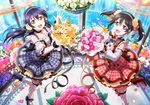  artist_request bangs bare_shoulders black_hair blue_dress blue_hair bouquet bow brown_eyes checkered choker collarbone detached_sleeves dress fishnet_legwear fishnets flower frills garter_straps hair_bow hair_flower hair_ornament hairband high_heels long_hair looking_at_viewer love_live! love_live!_school_idol_festival love_live!_school_idol_project multiple_girls official_art open_mouth pink_flower red_dress red_eyes ribbon rose smile sonoda_umi thighhighs twintails water yazawa_nico yellow_flower 