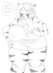  2017 anthro big_breasts breasts clothing cuddlesong_(artist) dialogue digital_media_(artwork) english_text feline female hair hi_res huge_breasts mammal nipples one_breast_out parfait_(plaga) simple_background solo text tiger voluptuous 