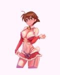  1girl ahoge bow breasts brown_eyes brown_hair cleavage detached_sleeves drawfag frills garter_straps highres miniskirt navel neck_bell pink_bow pink_legwear red_skirt short_hair simple_background skirt smile solo standing umihara_kawase umihara_kawase_(character) white_background 