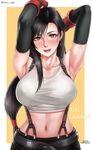  armpits arms_behind_head arms_up black_hair breasts character_name elbow_gloves final_fantasy final_fantasy_vii gloves highres large_breasts long_hair looking_at_viewer low-tied_long_hair midriff navel open_mouth sgk smile solo suspenders tifa_lockhart upper_body 