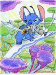  2007 4_arms 4_fingers 4_toes alien antennae back_spines black_eyes blue_claws blue_fur blue_nose branch chest_tuft claws clothing disney experiment_(species) forest fur head_tuft hi_res holding_object holding_weapon jacket lilo_and_stitch looking_at_viewer melee_weapon multi_arm multi_limb notched_ear on_branch segamonsaga solo sparkle squint stitch sword toe_claws toes traditional_media_(artwork) tree tuft weapon 