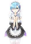  :o apron bangs bashosho blue_eyes blue_hair blunt_bangs blush clenched_hands commentary cowboy_shot detached_collar detached_sleeves dress frilled_apron frilled_dress frilled_shirt_collar frills hair_ornament hair_over_one_eye hair_ribbon hands_together highres looking_at_viewer maid maid_headdress open_mouth pantyhose purple_ribbon re:zero_kara_hajimeru_isekai_seikatsu rem_(re:zero) ribbon ribbon_trim short_hair simple_background solo tareme waist_apron white_background white_legwear x_hair_ornament 