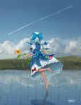  barefoot blue_bow blue_hair blue_skirt blue_sky bow cirno cloud cloudy_sky commentary_request dated day flower from_behind full_body gotoh510 hair_bow highres holding holding_flower ice ice_wings looking_up morning_glory outdoors puffy_short_sleeves puffy_sleeves red_bow rice_paddy short_hair short_sleeves skirt skirt_set sky solo sunflower tan tanned_cirno touhou vest water wings 