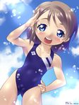  1girl blue_eyes blush brown_hair cameltoe hand_on_hip open_mouth pop&#039;n_pastel short_hair solo swimsuit 