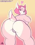  anthro bluebrush breasts brown_hair butt canine cherry dog female food fruit fur gradient_background hair half-closed_eyes looking_at_viewer mammal nekocrispy nipples nude pink_hair pussy simple_background solo thick_thighs white_fur 