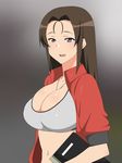  1girl breasts brown_hair cleavage gradient_background highres holding jacket kagemusha large_breasts long_hair looking_at_viewer navel open_clothes original parted_lips purple_eyes red_jacket simple_background smile solo sports_bra sweatdrop upper_body 