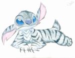  2008 black_claws black_stripes blue_eyes claws disney feline feral fluffy fur lilo_and_stitch lying mammal nighteengail notched_ear on_front sharp_claws signature simple_background stitch striped_fur stripes tiger traditional_media_(artwork) white_background white_fur white_tiger 