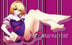  1girl abstract_background alice_margatroid barefoot blonde_hair blue_eyes book character_name english feet full_body hairband legs_up looking_at_viewer lumina_(artist) ribbon short_hair short_sleeves smile soles solo text toes touhou 