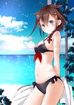  adapted_costume bikini black_bikini black_hair blue_eyes braid day front-tie_top hair_flaps hair_over_shoulder ishida_mia kantai_collection mismatched_bikini navel ocean outdoors remodel_(kantai_collection) sarong shigure_(kantai_collection) side-tie_bikini single_braid smile solo swimsuit 