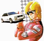  audi audi_quattro car gloves ground_vehicle gundam highres looking_at_viewer motor_vehicle object_namesake oldschool onda_naoyuki quattro_vageena smile sunglasses uniform zeta_gundam 