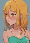  artist_name bare_shoulders blush collarbone curly_hair hair_between_eyes highres long_hair looking_to_the_side orange_eyes orange_hair solo strapless uni_(melm) upper_body wavy_mouth 