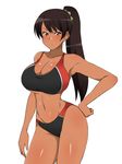  1girl armpits bare_arms bare_legs bare_shoulders black_hair blush breasts cleavage collarbone cowboy_shot dark_skin earrings hand_on_hip highres kagemusha large_breasts legs long_hair long_ponytail looking_at_viewer midriff original ponytail purple_eyes serious shiny shiny_skin simple_background solo sports_bra standing thighs white_background 