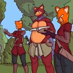  anthro belly canine cape clothing costume crifox crisis-omega crossbow eye_patch eyewear female forest fox fur hi_res hood human male mammal medieval melee_weapon muscular muscular_male orange_eyes overweight ranged_weapon red_fur smile sword tree weapon 