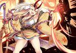  armpits ass_visible_through_thighs bare_shoulders beads blonde_hair brown_kimono claws commentary earrings facial_tattoo fate/grand_order fate_(series) fire floral_print hair_ribbon holding holding_weapon horns ibaraki_douji_(fate/grand_order) japanese_clothes jewelry kimono legs_apart long_hair long_sleeves looking_away looking_to_the_side magic multicolored multicolored_skin obi off_shoulder oni oni_horns open_mouth outstretched_arm outstretched_hand pointy_ears prayer_beads print_kimono red_skin ribbon rope sash smile solo standing straight_hair sukage tassel tattoo weapon white_ribbon wide_sleeves wind yellow_eyes yellow_kimono 